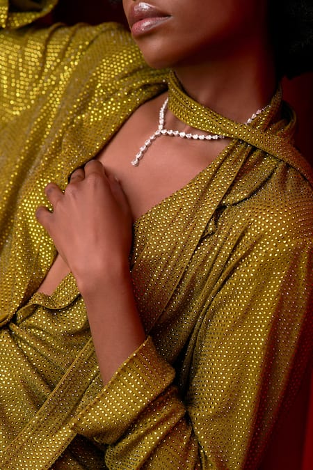 Itrh_Green Net Crystals Collared Sparkle Embellished Shirt Pant Set _Online_at_Aza_Fashions