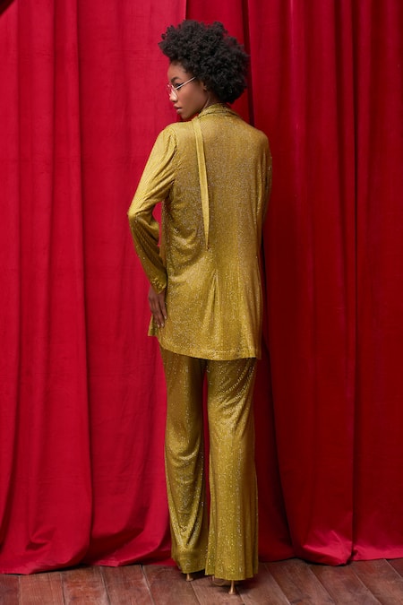 Shop_Itrh_Green Net Crystals Collared Sparkle Embellished Shirt Pant Set _at_Aza_Fashions