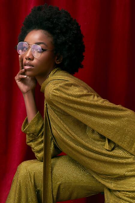 Buy_Itrh_Green Net Crystals Collared Sparkle Embellished Shirt Pant Set _Online_at_Aza_Fashions