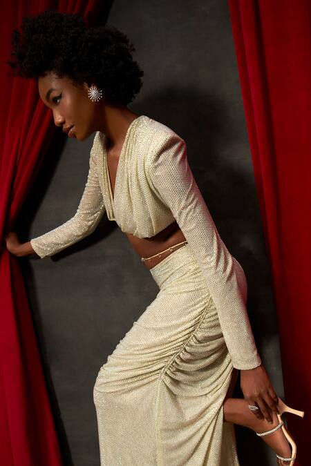 Itrh_Yellow Net Crystals V-neck Amarillo Lima Bling Embellished Top And Skirt Set _Online_at_Aza_Fashions