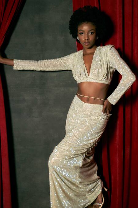 Buy_Itrh_Yellow Net Crystals V-neck Amarillo Lima Bling Embellished Top And Skirt Set _Online_at_Aza_Fashions