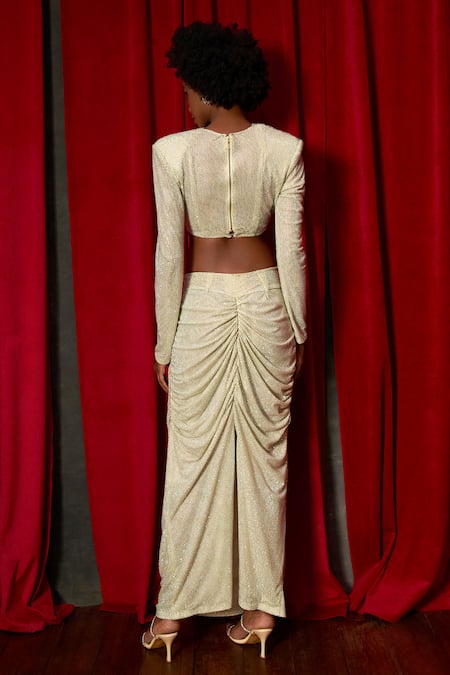 Shop_Itrh_Yellow Net Crystals V-neck Amarillo Lima Bling Embellished Top And Skirt Set _at_Aza_Fashions