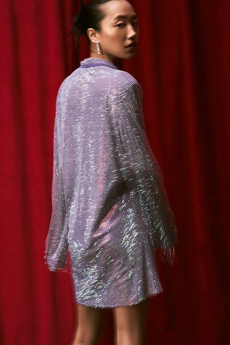 Itrh_Grey Net Crystals Collared Periwinkle Embellished Jacket Dress _Online_at_Aza_Fashions