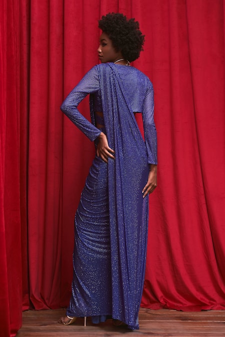 Shop Itrh Blue Net Embellished Crystal V Neck Cerulean Gemstone Slit Skirt Saree Set at Aza Fashions Shop_Itrh_Blue Net Embellished Crystal V Neck Cerulean Gemstone Slit Skirt Saree Set _at_Aza_Fashions