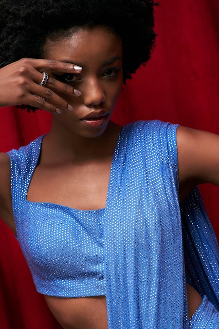 Itrh_Blue Net Crystals Etheral Azure Embellished Pre-stitched Saree With Blouse _Online_at_Aza_Fashions