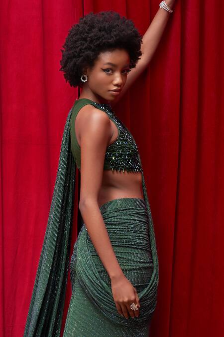 Itrh_Green Net, Jersey Jewel-toned Serenity Embellished Pre-draped Saree With Blouse _Online_at_Aza_Fashions