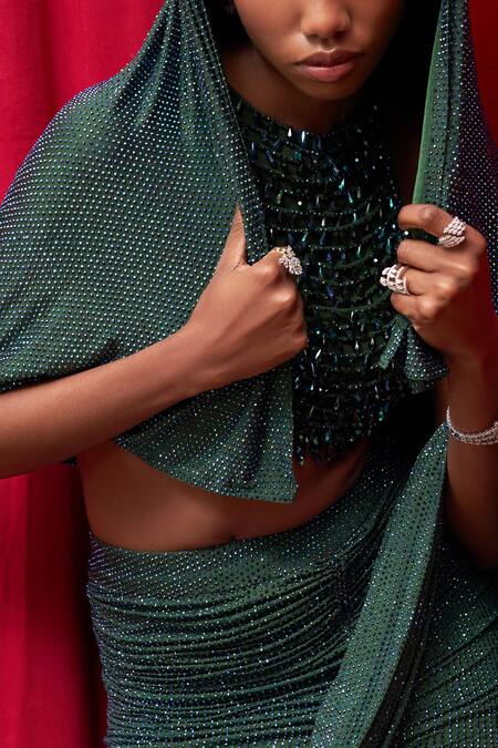 Shop_Itrh_Green Net, Jersey Jewel-toned Serenity Embellished Pre-draped Saree With Blouse _Online_at_Aza_Fashions