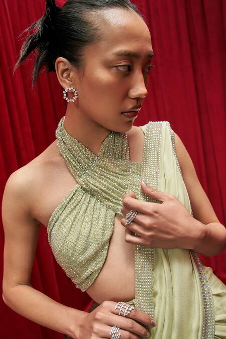 Itrh_Green Net, Chiffon Crystals Halter Neck Cabaret Embellished Skirt Saree Set _Online_at_Aza_Fashions