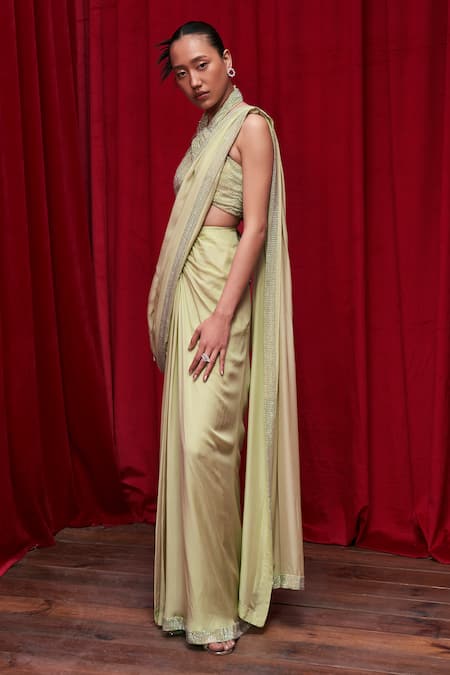 Shop_Itrh_Green Net, Chiffon Crystals Halter Neck Cabaret Embellished Skirt Saree Set _at_Aza_Fashions