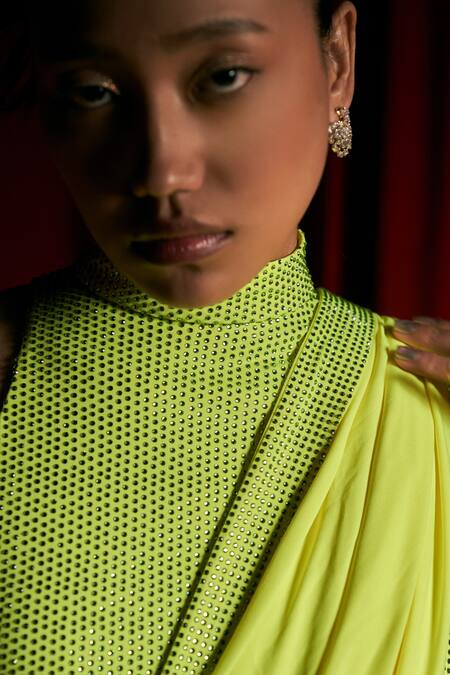 Itrh Yellow Jersey Embellished Neon Prism Dazzle Pre-draped Saree With Bodysuit Online at Aza Fashions Itrh_Yellow Jersey Embellished Neon Prism Dazzle Pre-draped Saree With Bodysuit_Online_at_Aza_Fashions