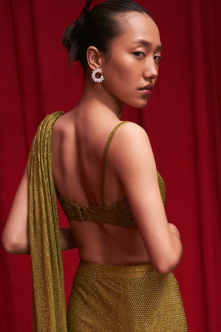 Shop_Itrh_Green Net Crystals Square Opulence Embellished Pre-stitched Saree With Corset _Online_at_Aza_Fashions