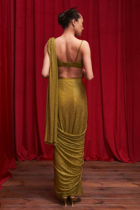 Shop_Itrh_Green Net Crystals Square Opulence Embellished Pre-stitched Saree With Corset _at_Aza_Fashions