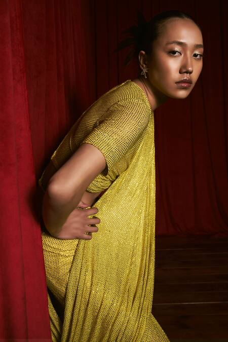 Itrh Yellow Net Crystals Round Neck Embellished Pre-draped Saree Set Online at Aza Fashions Itrh_Yellow Net Crystals Round Neck Embellished Pre-draped Saree Set _Online_at_Aza_Fashions