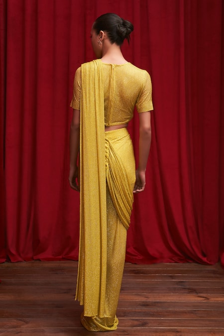 Shop Itrh Yellow Net Crystals Round Neck Embellished Pre-draped Saree Set at Aza Fashions Shop_Itrh_Yellow Net Crystals Round Neck Embellished Pre-draped Saree Set _at_Aza_Fashions