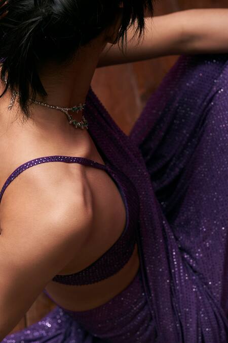 Buy_Itrh_Purple Net Embroidery, Deep Orchid Embellished Pre-stitched Saree With Blouse _Online_at_Aza_Fashions