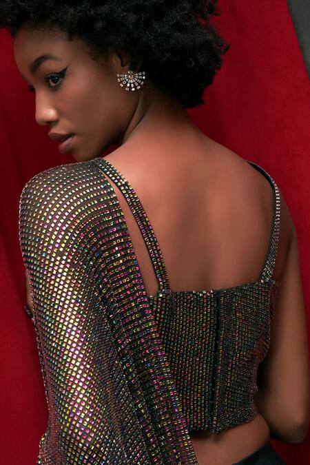 Itrh Black Corset And Drape Net Embellished Glimmering Pre-draped Skirt Saree Set Online at Aza Fashions Itrh_Black Corset And Drape Net Embellished Glimmering Pre-draped Skirt Saree Set_Online_at_Aza_Fashions