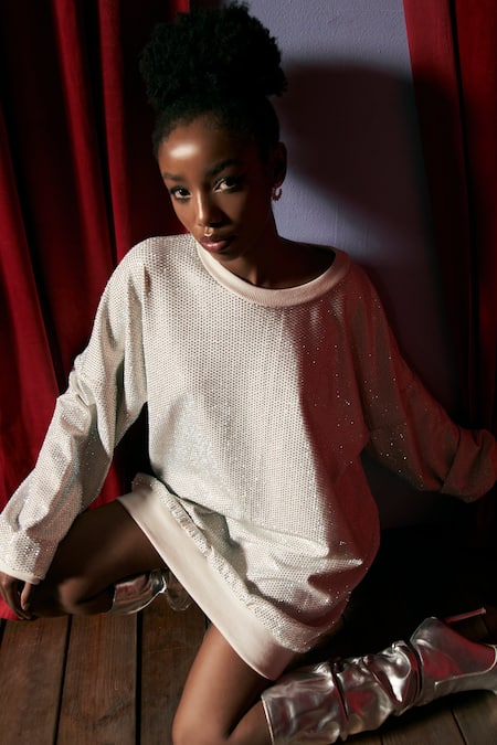 Itrh_White Crepe Crystals Collared Groove Embellished Sweatshirt _Online_at_Aza_Fashions