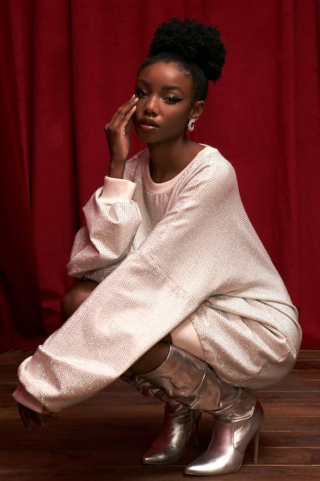 Buy_Itrh_White Crepe Crystals Collared Groove Embellished Sweatshirt _Online_at_Aza_Fashions