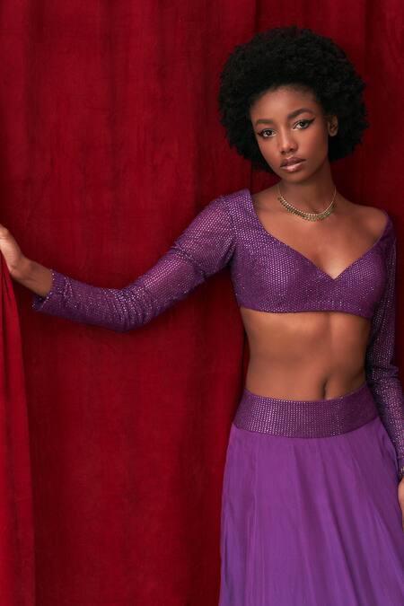 Itrh_Purple Lehenga And Dupatta Flat Chiffon Embellished Crystal Haze Blouse Set_Online_at_Aza_Fashions