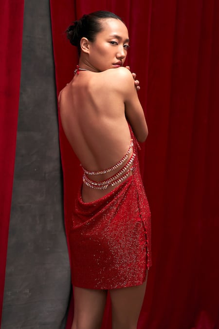 Shop_Itrh_Red Net Crystals Cowl Neck Vermilion Embellished Dress _at_Aza_Fashions