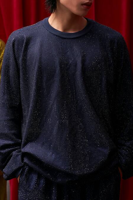 Itrh_Blue Crepe Crystals Navy Nebula Embellished Sweatshirt And Pant Set _Online_at_Aza_Fashions