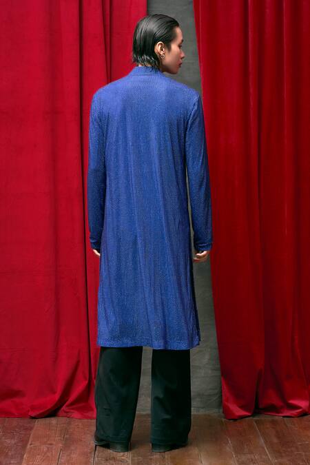 Shop_Itrh_Blue Net, Crepe Crystals Embellished Kurta And Pant Set _at_Aza_Fashions