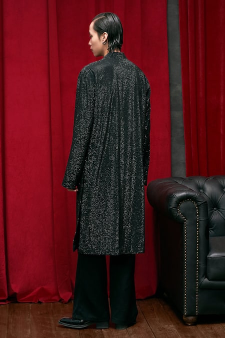 Shop Itrh Black Net, Crepe Crystals Negro Glitz Embellished Kurta And Pant Set at Aza Fashions Shop_Itrh_Black Net, Crepe Crystals Negro Glitz Embellished Kurta And Pant Set _at_Aza_Fashions