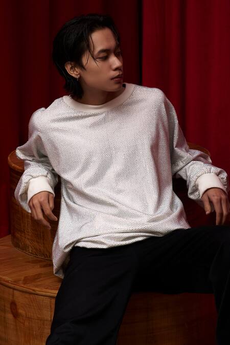 Itrh White Crepe Crystals Cascade Embellished Sweatshirt Online at Aza Fashions Itrh_White Crepe Crystals Cascade Embellished Sweatshirt _Online_at_Aza_Fashions