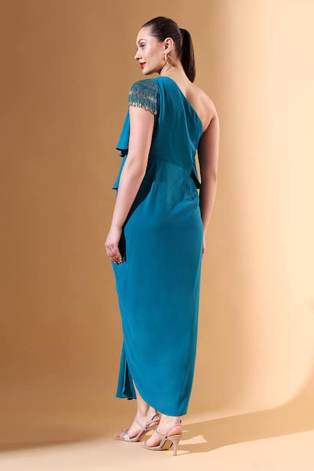 Shop_Aakaar X AZA_Blue Modal Beads One Shoulder Draped Embellished Dress _at_Aza_Fashions