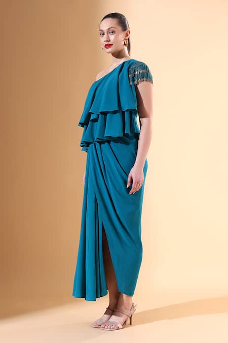 Aakaar X AZA_Blue Modal Beads One Shoulder Draped Embellished Dress _Online_at_Aza_Fashions