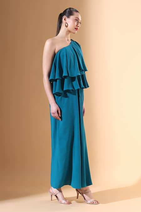 Buy_Aakaar X AZA_Blue Modal Beads One Shoulder Draped Embellished Dress _Online_at_Aza_Fashions