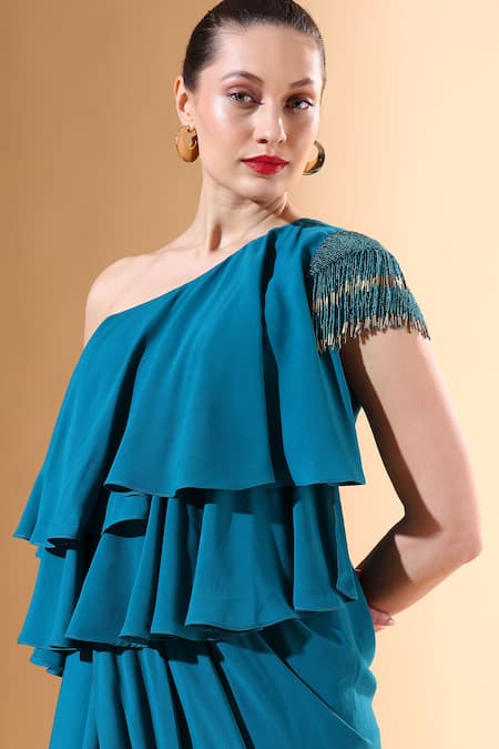 Shop_Aakaar X AZA_Blue Modal Beads One Shoulder Draped Embellished Dress _Online_at_Aza_Fashions
