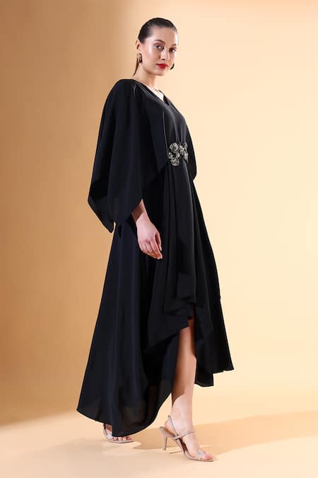 Buy_Aakaar X AZA_Black Silk, Crepe Embroidery V-neck Embellished High-low Dress _Online_at_Aza_Fashions