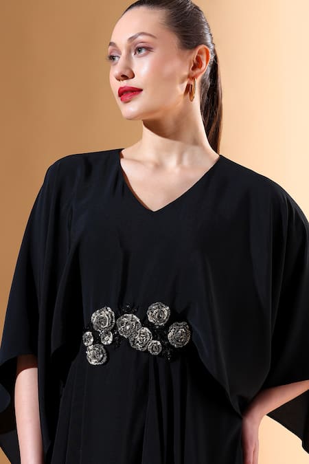 Shop_Aakaar X AZA_Black Silk, Crepe Embroidery V-neck Embellished High-low Dress _Online_at_Aza_Fashions