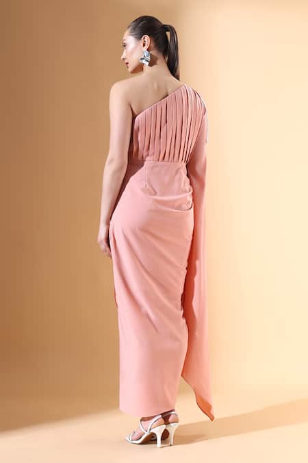 Shop_Aakaar X AZA_Peach Modal Pearls One Shoulder Draped Dress _at_Aza_Fashions