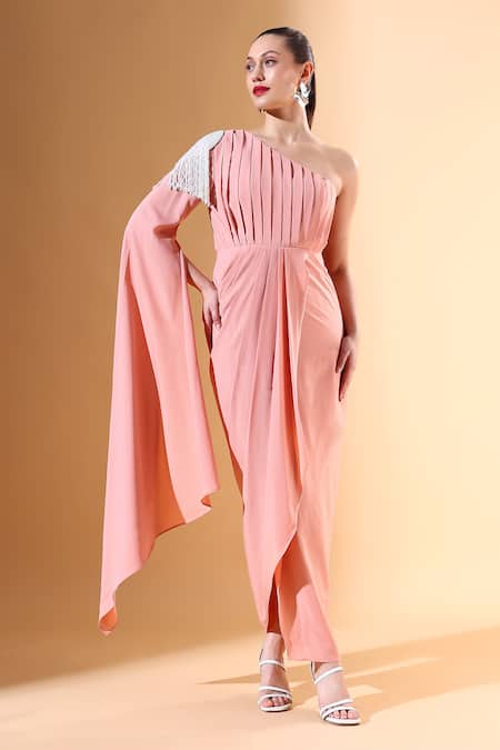 Aakaar X AZA_Peach Modal Pearls One Shoulder Draped Dress _Online_at_Aza_Fashions