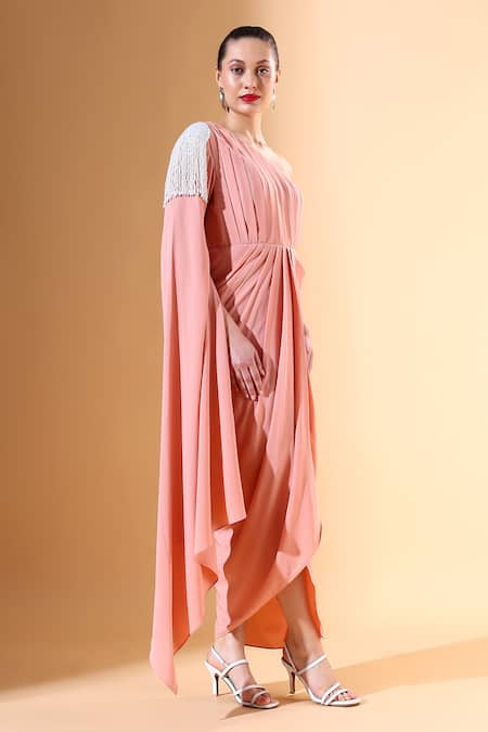 Buy_Aakaar X AZA_Peach Modal Pearls One Shoulder Draped Dress _Online_at_Aza_Fashions