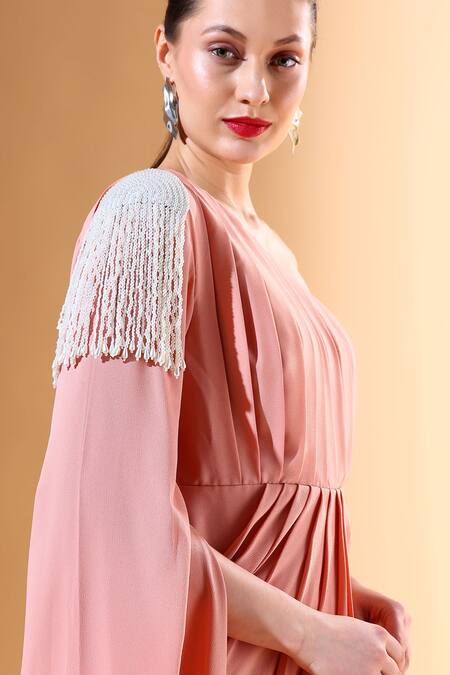 Shop_Aakaar X AZA_Peach Modal Pearls One Shoulder Draped Dress _Online_at_Aza_Fashions