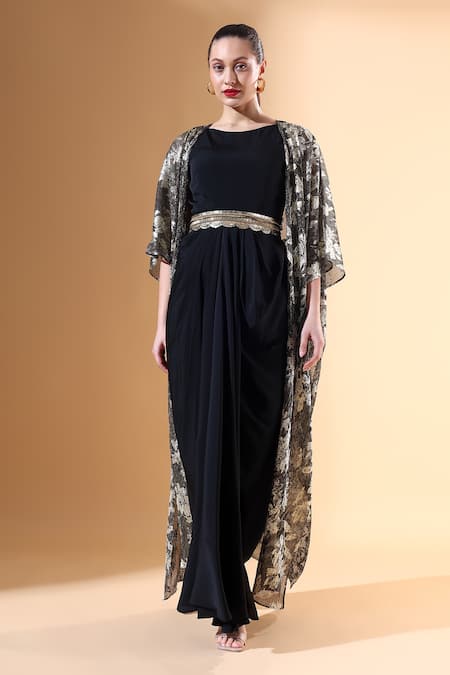 Aakaar x AZA Floral Pattern Textured Cape Dress Set 