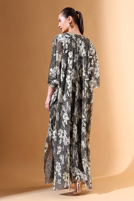 Shop_Aakaar X AZA_Gold Mohair Sequins, Beads Round Neck Floral Pattern Textured Cape Dress Set _at_Aza_Fashions