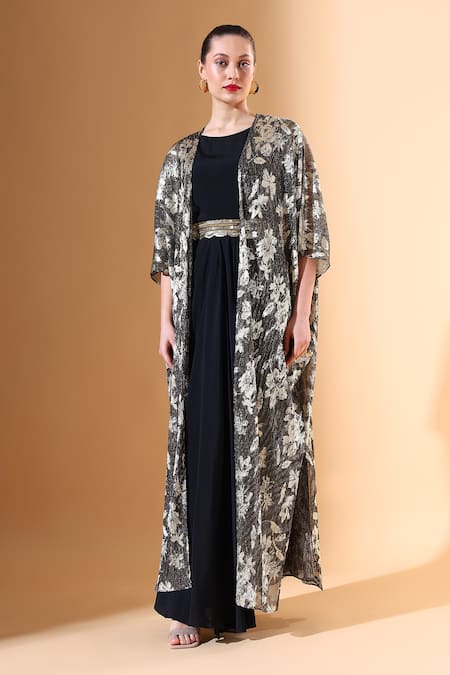 Aakaar X AZA_Gold Mohair Sequins, Beads Round Neck Floral Pattern Textured Cape Dress Set _Online_at_Aza_Fashions