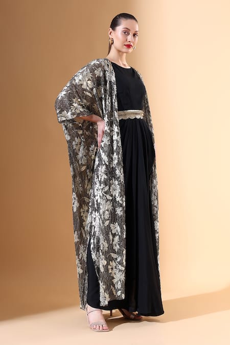 Buy_Aakaar X AZA_Gold Mohair Sequins, Beads Round Neck Floral Pattern Textured Cape Dress Set _Online_at_Aza_Fashions