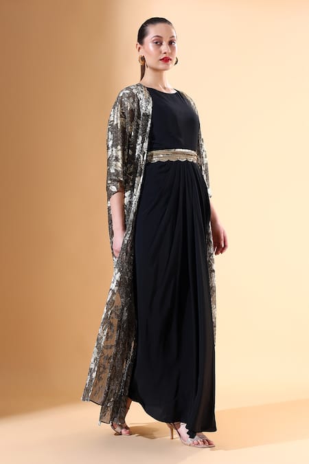 Shop_Aakaar X AZA_Gold Mohair Sequins, Beads Round Neck Floral Pattern Textured Cape Dress Set _Online_at_Aza_Fashions