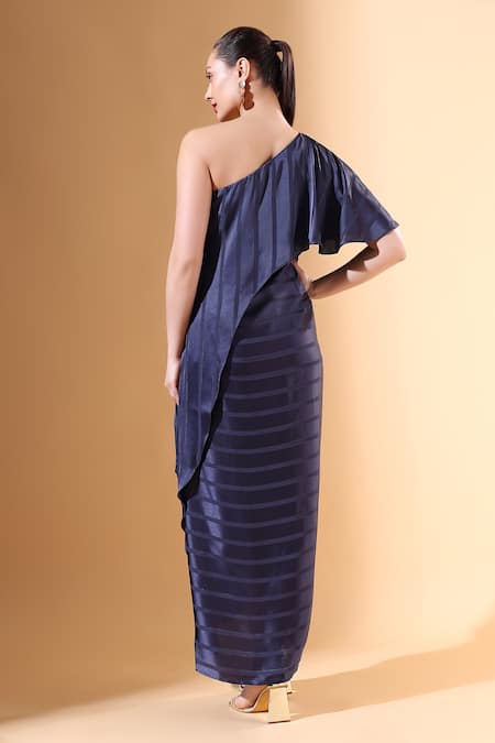 Shop_Aakaar X AZA_Blue Satin One Shoulder Pleated Textured Dress _at_Aza_Fashions