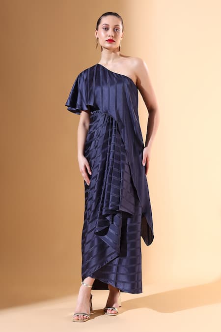 Aakaar X AZA_Blue Satin One Shoulder Pleated Textured Dress _Online_at_Aza_Fashions