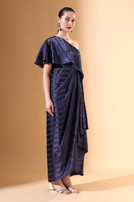 Buy_Aakaar X AZA_Blue Satin One Shoulder Pleated Textured Dress _Online_at_Aza_Fashions