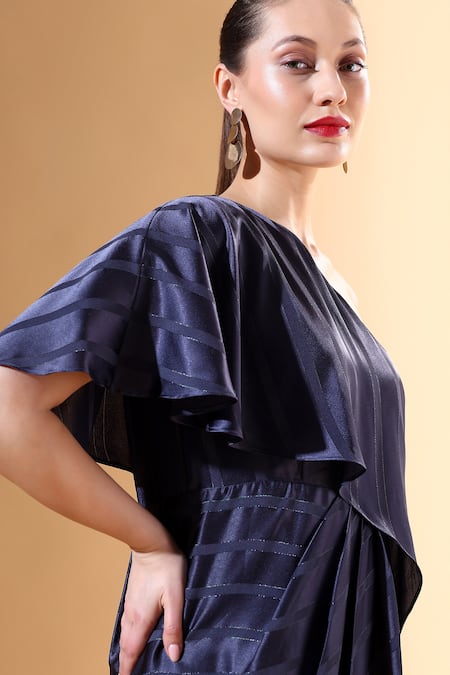 Shop_Aakaar X AZA_Blue Satin One Shoulder Pleated Textured Dress _Online_at_Aza_Fashions
