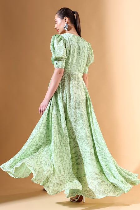 Shop Aakaar X AZA Green Silk, Crepe Embroidery V-neck Floral Textured Gown at Aza Fashions Shop_Aakaar X AZA_Green Silk, Crepe Embroidery V-neck Floral Textured Gown _at_Aza_Fashions