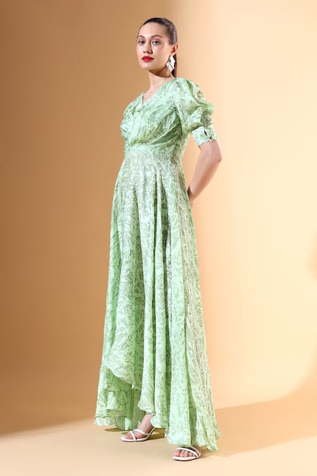 Aakaar X AZA Green Silk, Crepe Embroidery V-neck Floral Textured Gown Online at Aza Fashions Aakaar X AZA_Green Silk, Crepe Embroidery V-neck Floral Textured Gown _Online_at_Aza_Fashions