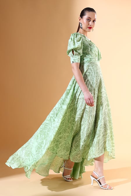 Buy Aakaar X AZA Green Silk, Crepe Embroidery V-neck Floral Textured Gown Online at Aza Fashions Buy_Aakaar X AZA_Green Silk, Crepe Embroidery V-neck Floral Textured Gown _Online_at_Aza_Fashions